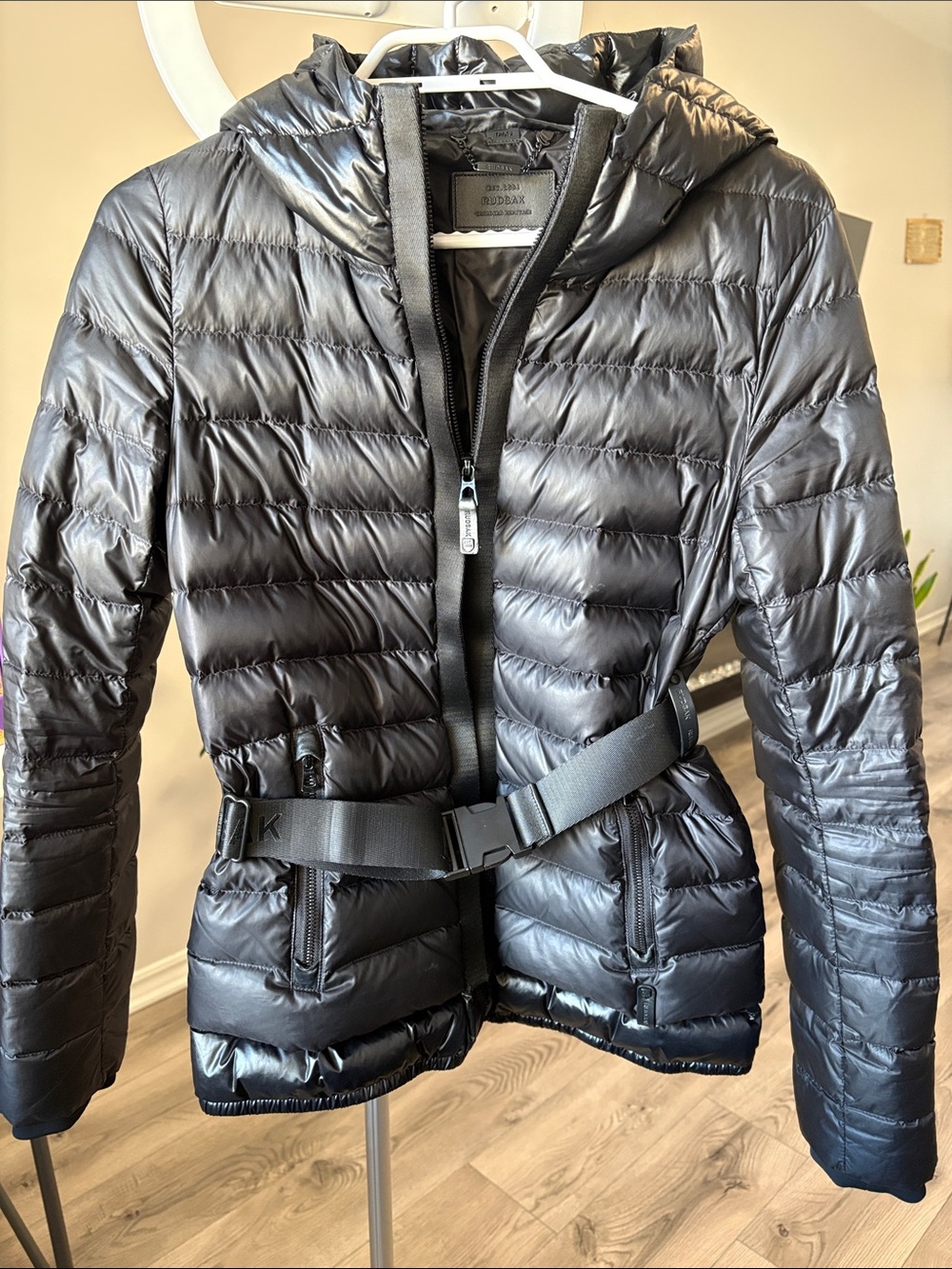 RUDSAK Black Shiny Quilted Hooded Belted Puffer Pea Coat